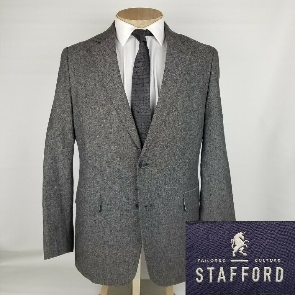 Stafford Mens Sport Coat 42R Gray Linen Cotton